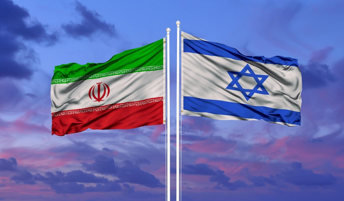 Israel,and,iran,flag,waving,in,the,wind,against,white